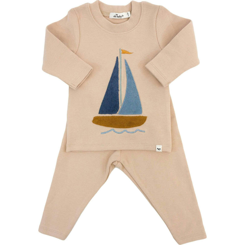 Denim Sailboat Terry Applique Two Piece Set