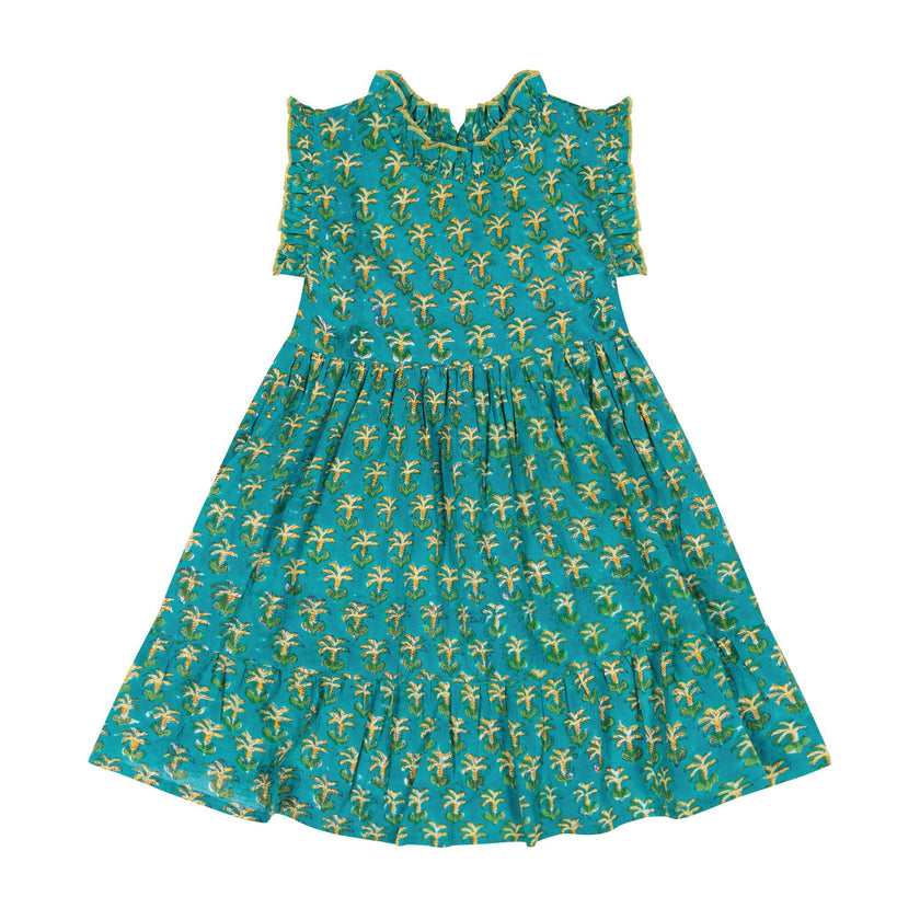 Ondine Ruffle Dress Green Palm, Pink