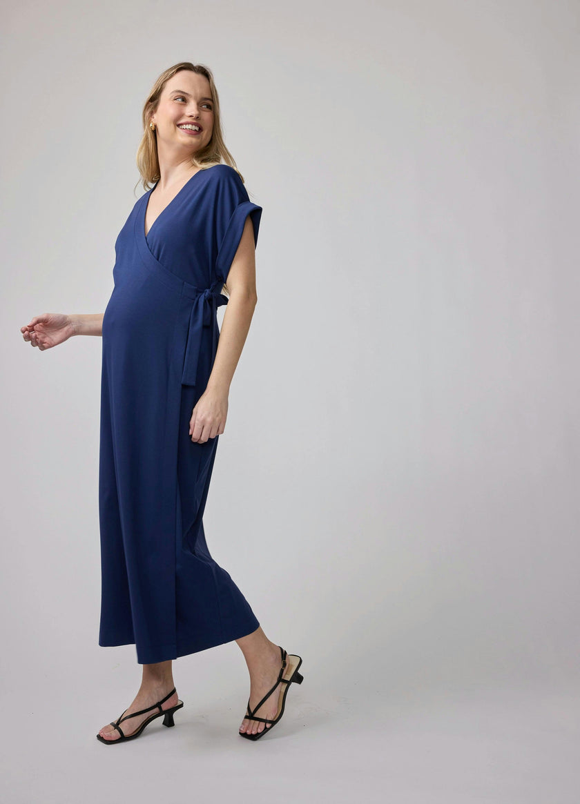 Short Sleeve Knit Wrap Maternity Midi Dress