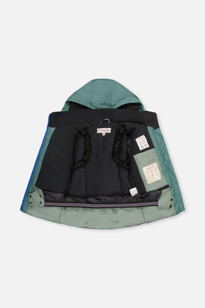 Two Piece Play Snowsuit Green And Navy Colorblock With Blue Camouflage Pants