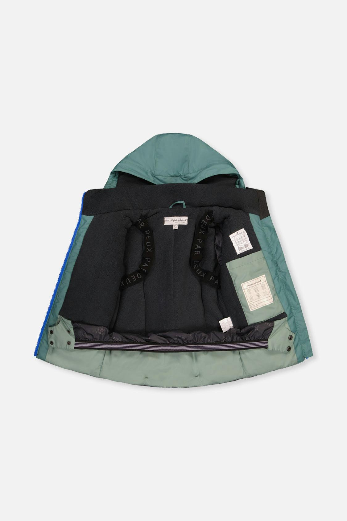 Two Piece Play Snowsuit Green And Navy Colorblock With Blue Camouflage Pants