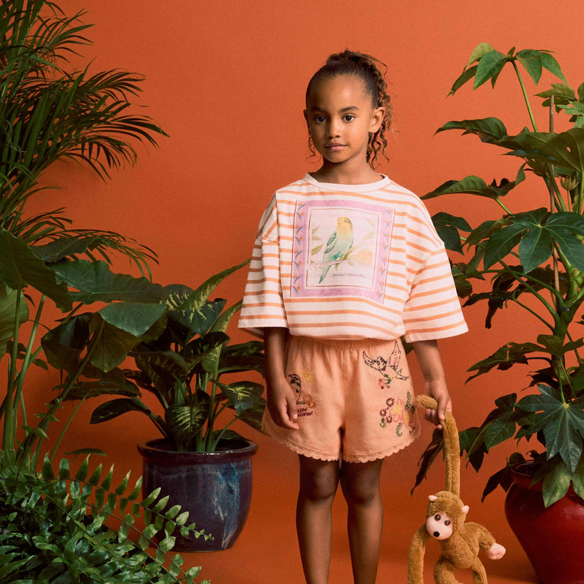 BIRDS EMBROIDERED SHORTS PEACH