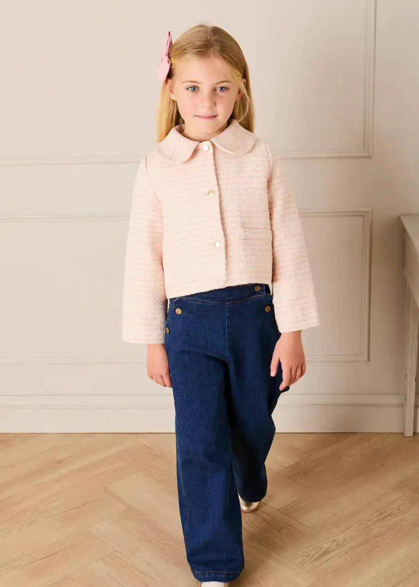 Brighton Boucle Tweed Peter Pan Collar Pocket Detail Jacket in Pink (4-12yrs)