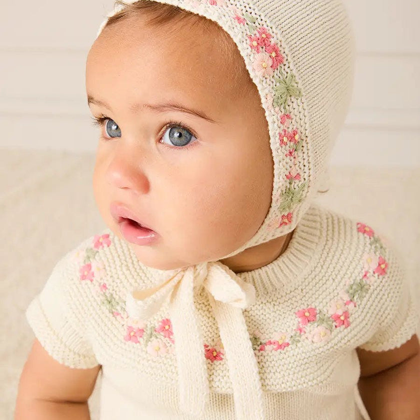 Wildflower Embroidered Knitted Romper in Cream (1-9mths)