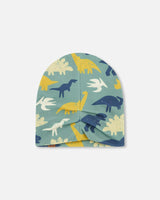 Stretch Jersey Beanie Green Dinosaur Print