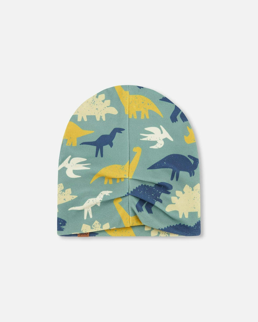Stretch Jersey Beanie Green Dinosaur Print