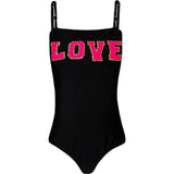 Love Embroidered One-Piece Swimsuit, Black