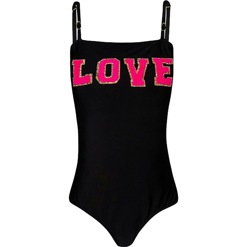 Love Embroidered One-Piece Swimsuit, Black
