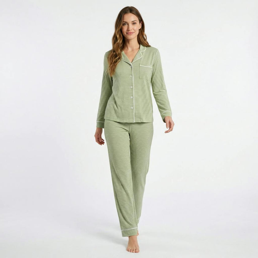 Evergreen Stripe Long Sleeve & Pants Bamboo Women's Pajama Set