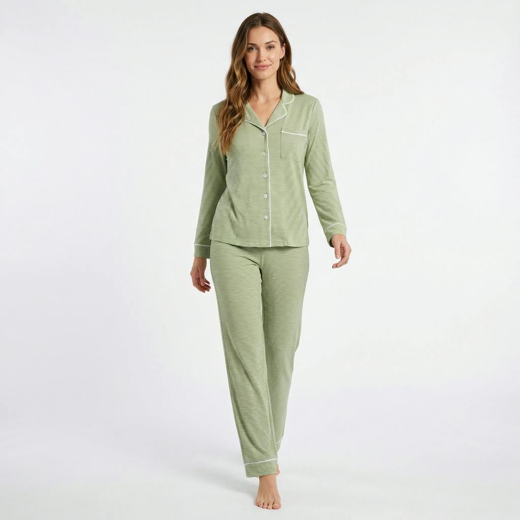 Evergreen Stripe Long Sleeve & Pants Bamboo Women's Pajama Set
