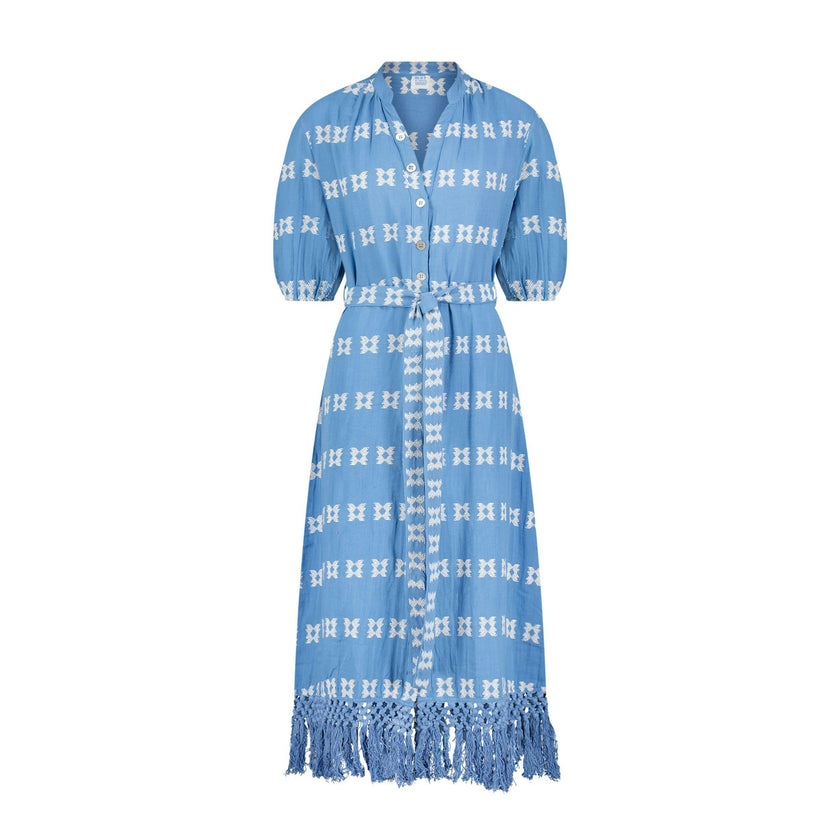 Estelle Womens Fringed Shirtdress Sky White Embroidery, Sky Blue