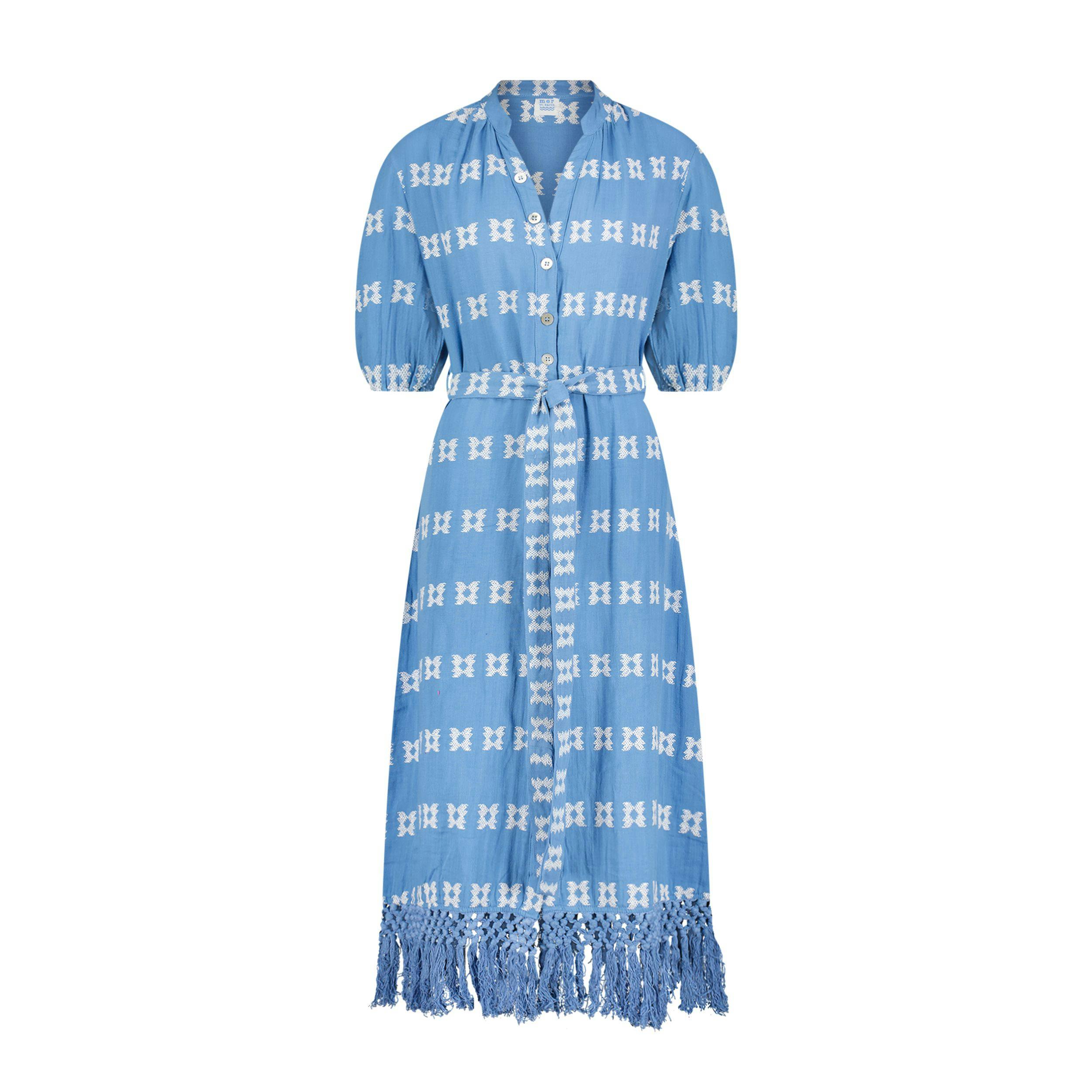 Estelle Womens Fringed Shirtdress Sky White Embroidery, Sky Blue