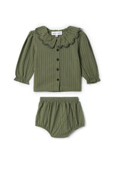 Woven Striped Embroidered Button Front Top and Bottom Two Piece Set