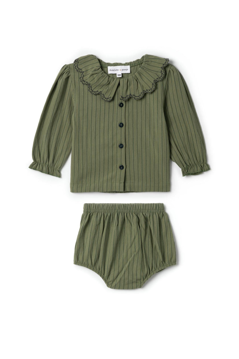 Woven Striped Embroidered Button Front Top and Bottom Two Piece Set