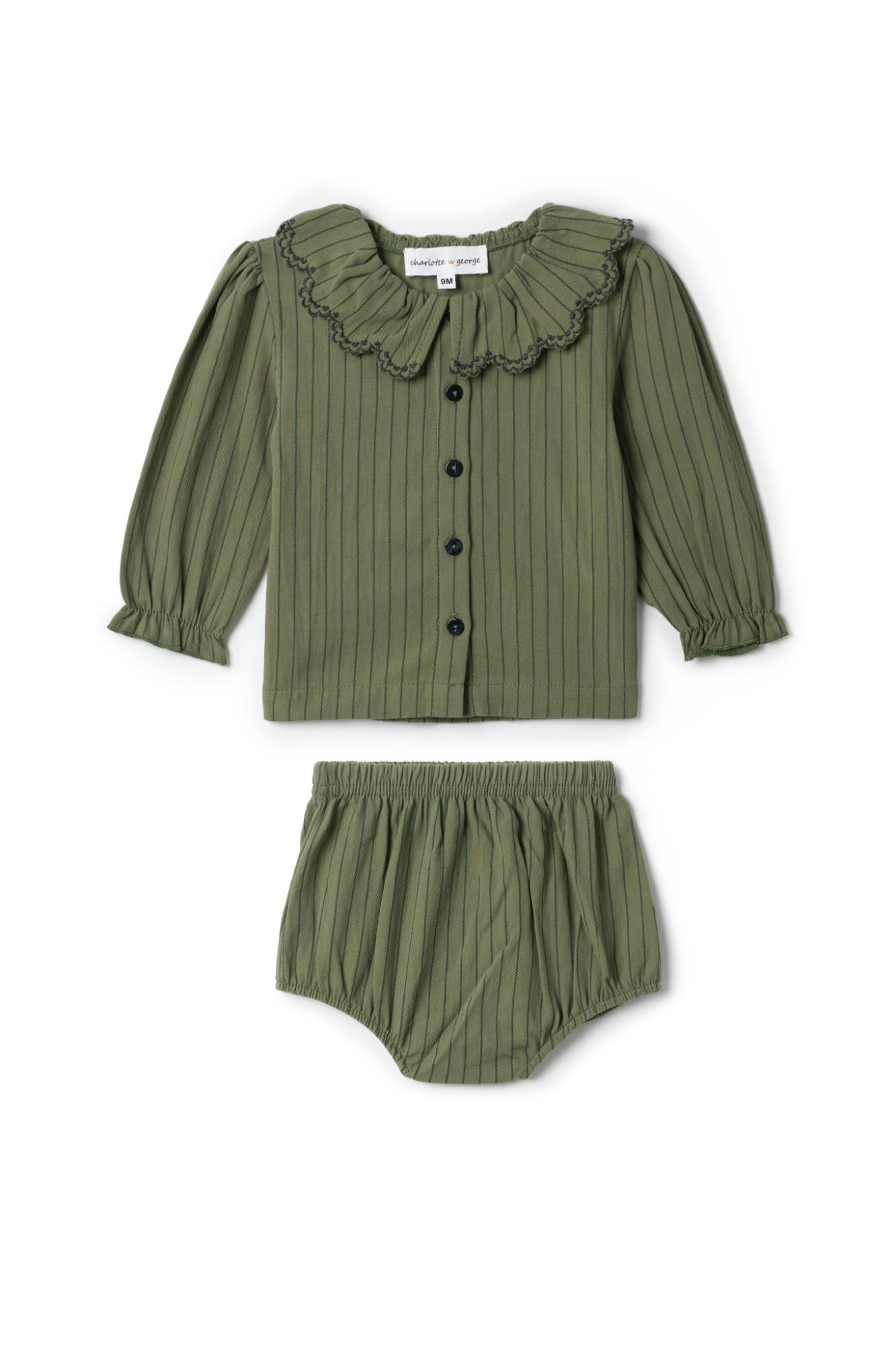 Woven Striped Embroidered Button Front Top and Bottom Two Piece Set