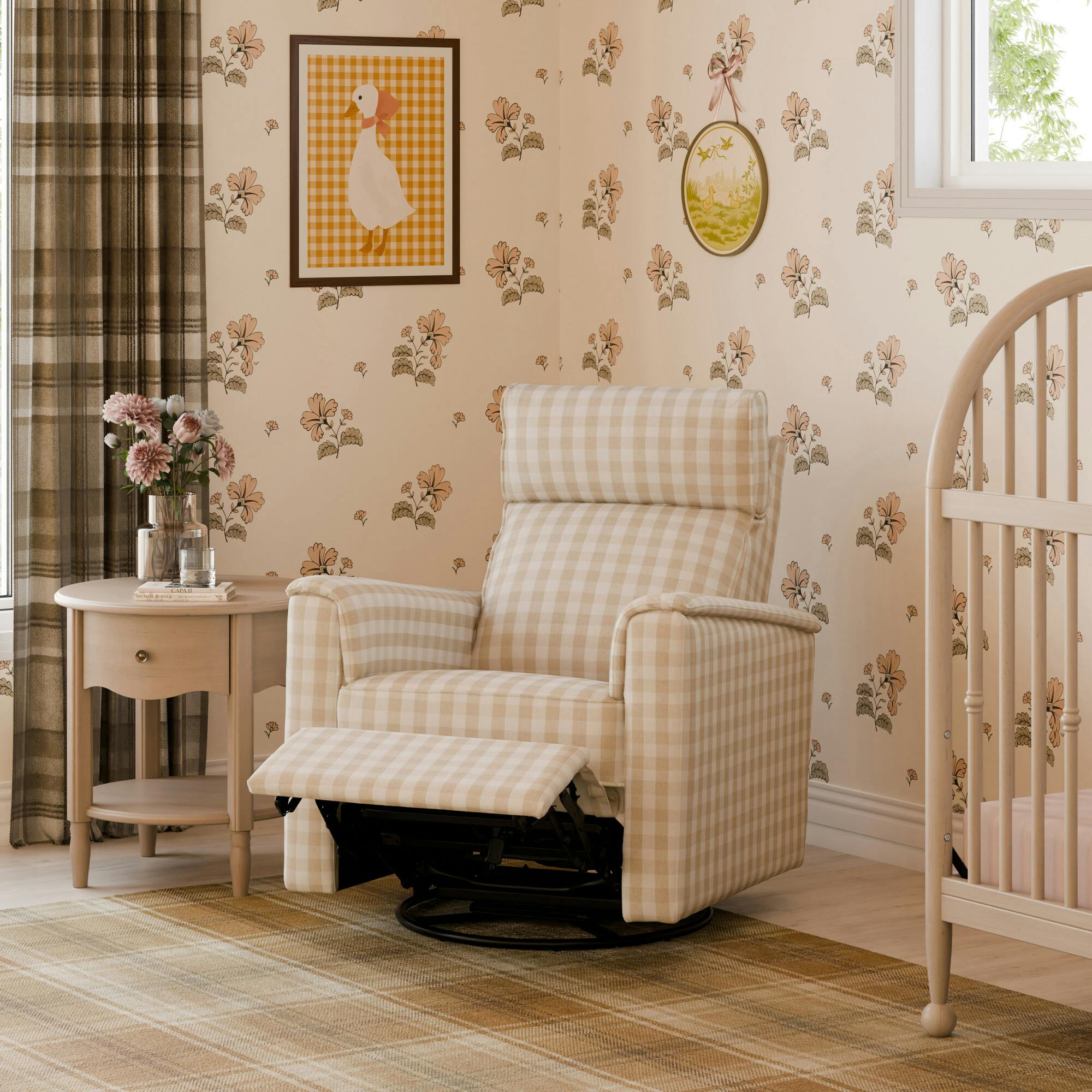 Willa Pro Power Glider Recliner w/ Power Lumbar in Tan Gingham