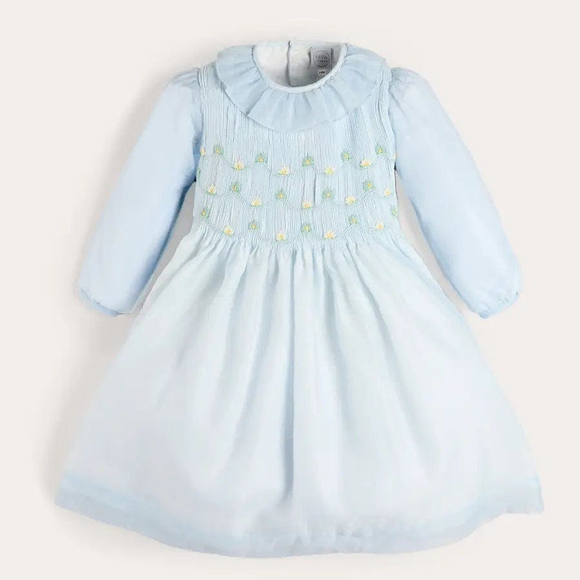 Daisy Embroidered Hand Smocked Long Sleeve Dress in Blue (18mths-8yrs)