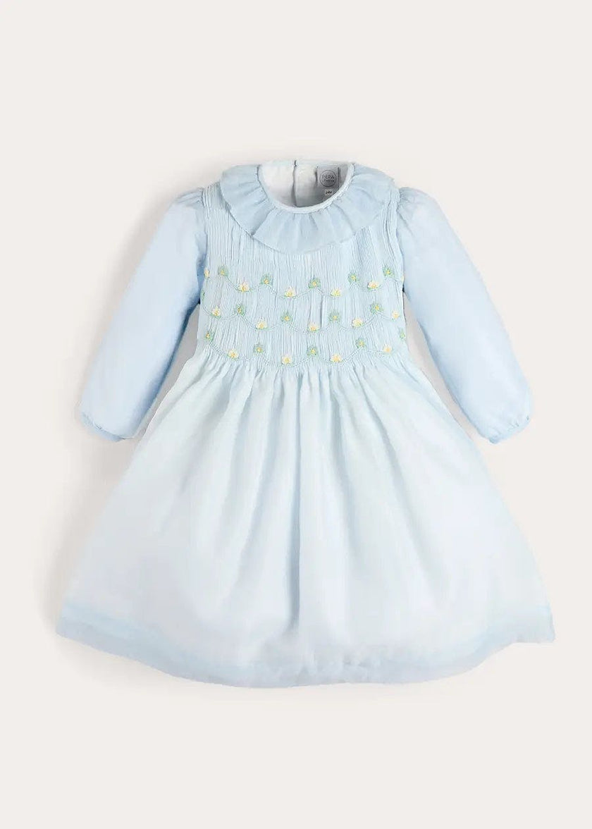 Daisy Embroidered Hand Smocked Long Sleeve Dress in Blue (18mths-8yrs)