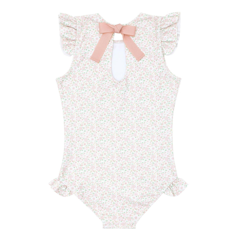 girls antique floral ruffle cap sleeve one piece