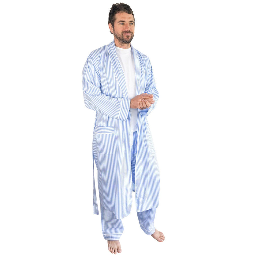 Men's Braddock Classic Robe - Blue Stripe Organic Cotton Poplin