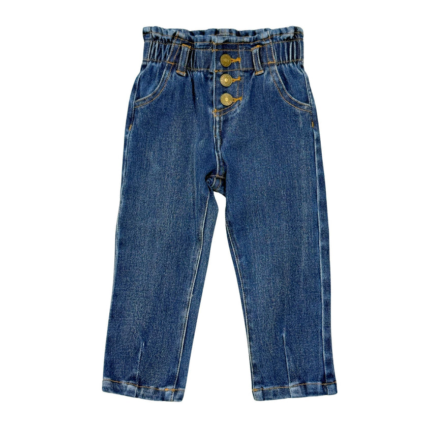 Girls Paperbag Denim Pants in Dark Blue Wash