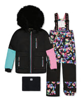 Two Piece Play Snowsuit Black, Blue And Pink Colorblock With Heart Print Pants