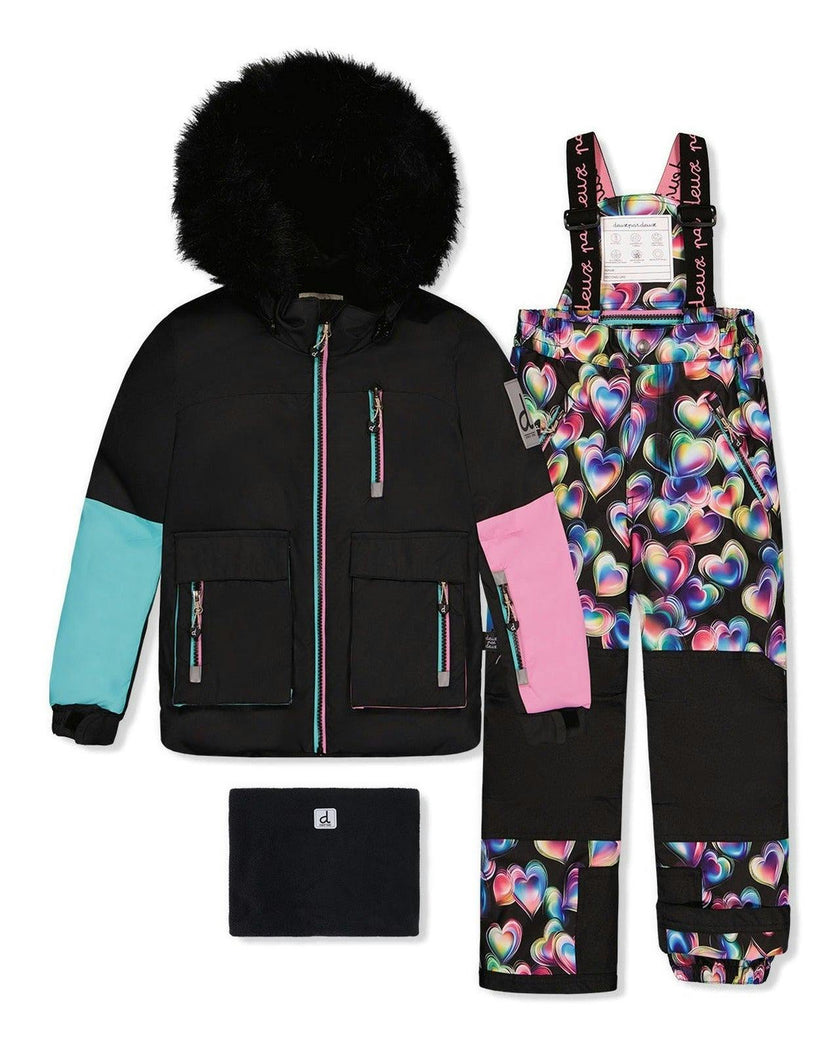 Two Piece Play Snowsuit Black, Blue And Pink Colorblock With Heart Print Pants