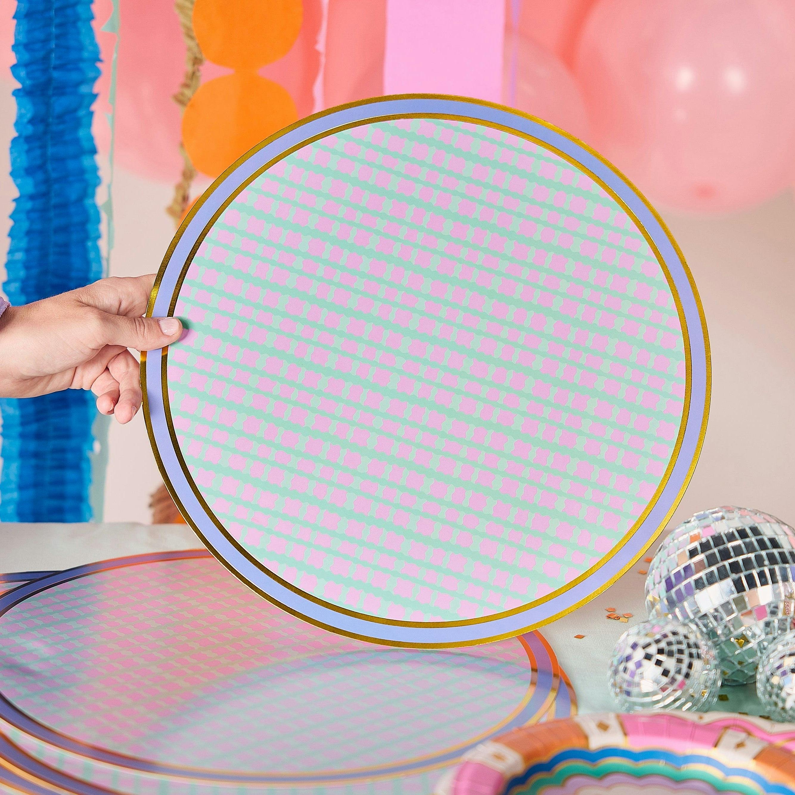 Packed Party Circus Soiree Round Paper Placemats 10ct - Gold Foil Purple Teal Blue Plaid 15 Inch Placemats for Circus Birthday Tables