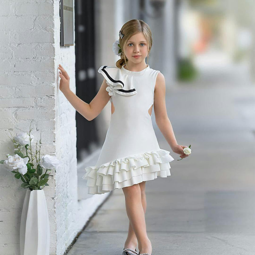 Alex White Ruffle Dress with Black Contrast Line