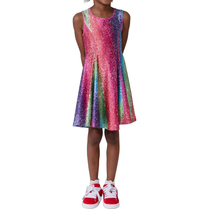 Girls Hi-Shine Skater Dress in Rainbow Glitter Foil
