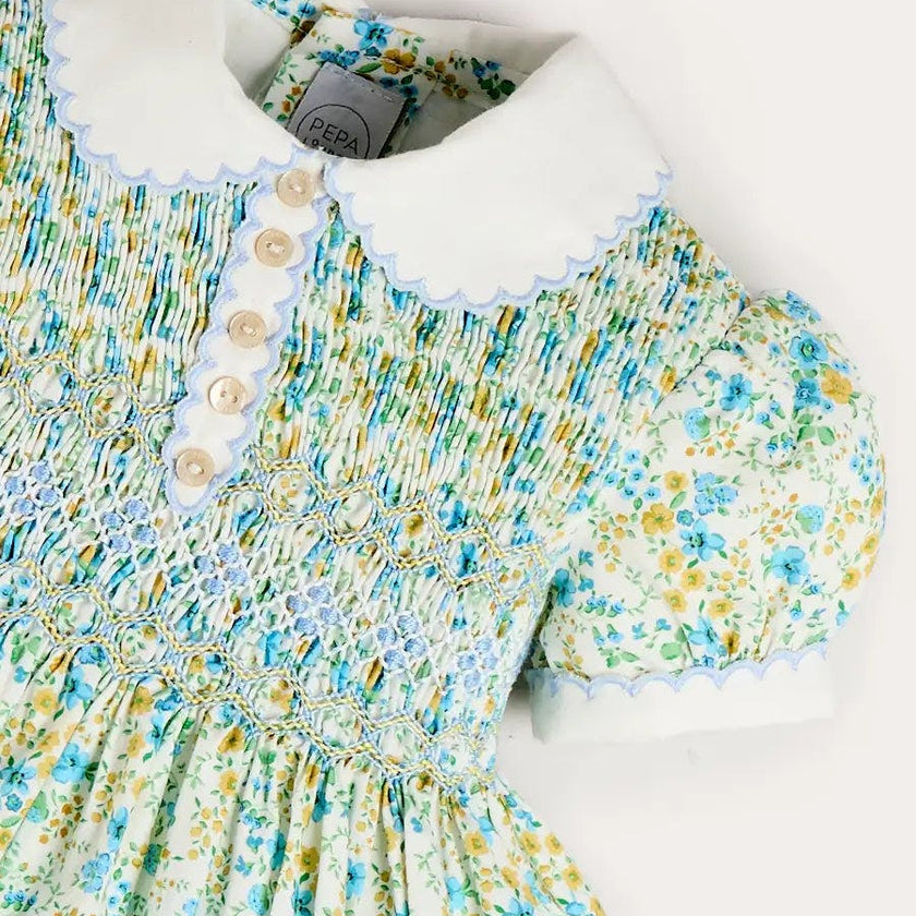 Louisa Floral Hand Smocked Short Sleeve Dress in Blue (18mths- 10yrs)