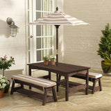 Outdoor Wooden Table & Bench with Cushions and Umbrella