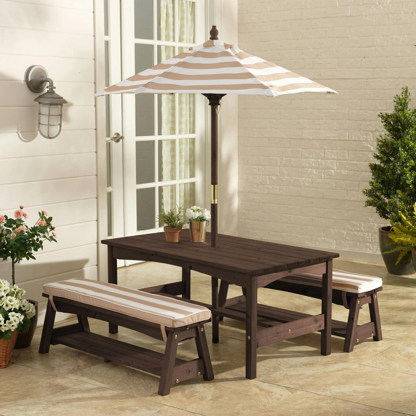 Outdoor Wooden Table & Bench with Cushions and Umbrella