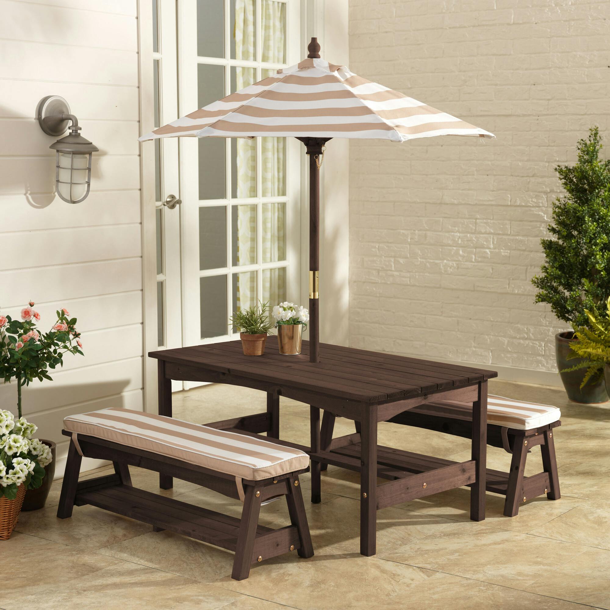 Outdoor Wooden Table & Bench with Cushions and Umbrella