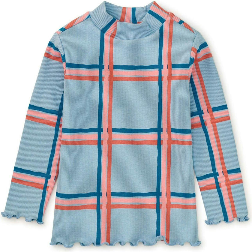 Plaid Print Ribbed Long Sleeve Mock Neck Top, Multi