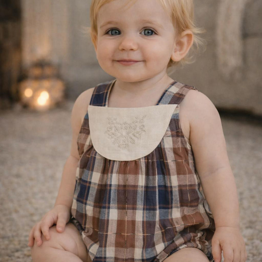 Embroidered Windowpane Romper