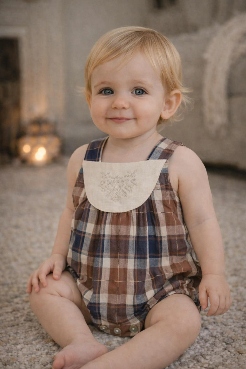 Embroidered Windowpane Romper