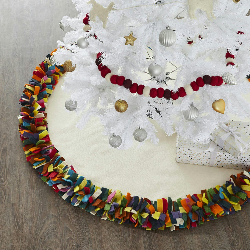 Handmade Felt Multicolor Fringe Border Cream Christmas Tree Skirt - 51" / 72"