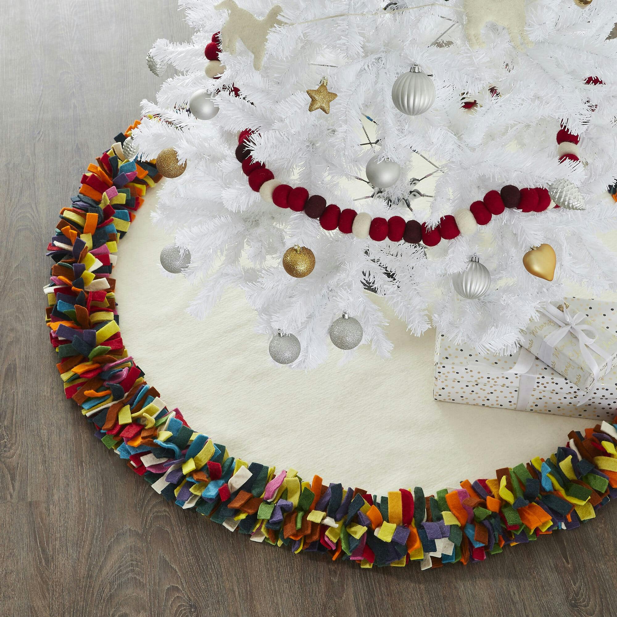 Handmade Felt Christmas Tree Skirt - Multicolor Fringe Border on Cream