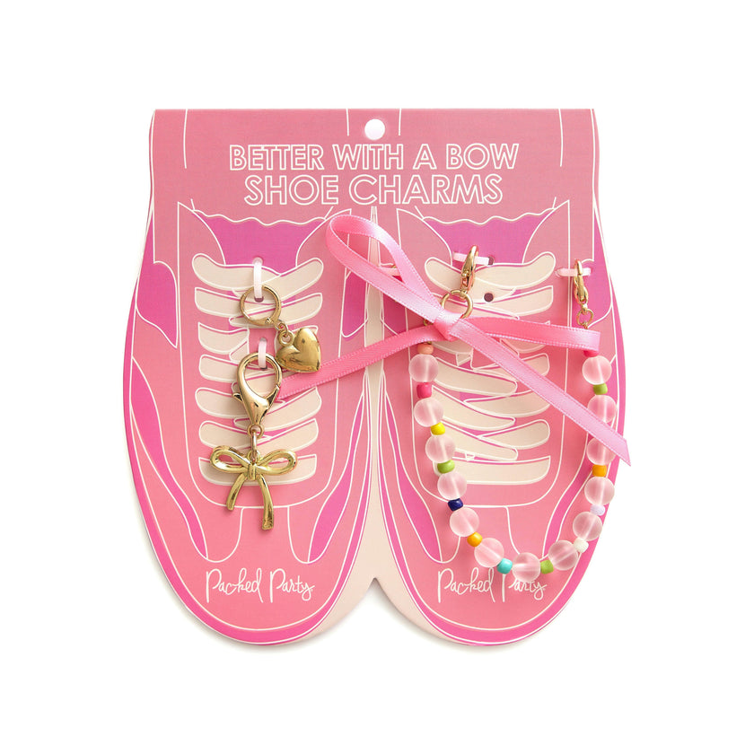 Better with a Bow Beads Charms and Bows Shoe Charm Set 4pc - Gold Bow, Heart Charm, Bead Chain, and Pink Ribbon Bow with Lobster Clips
