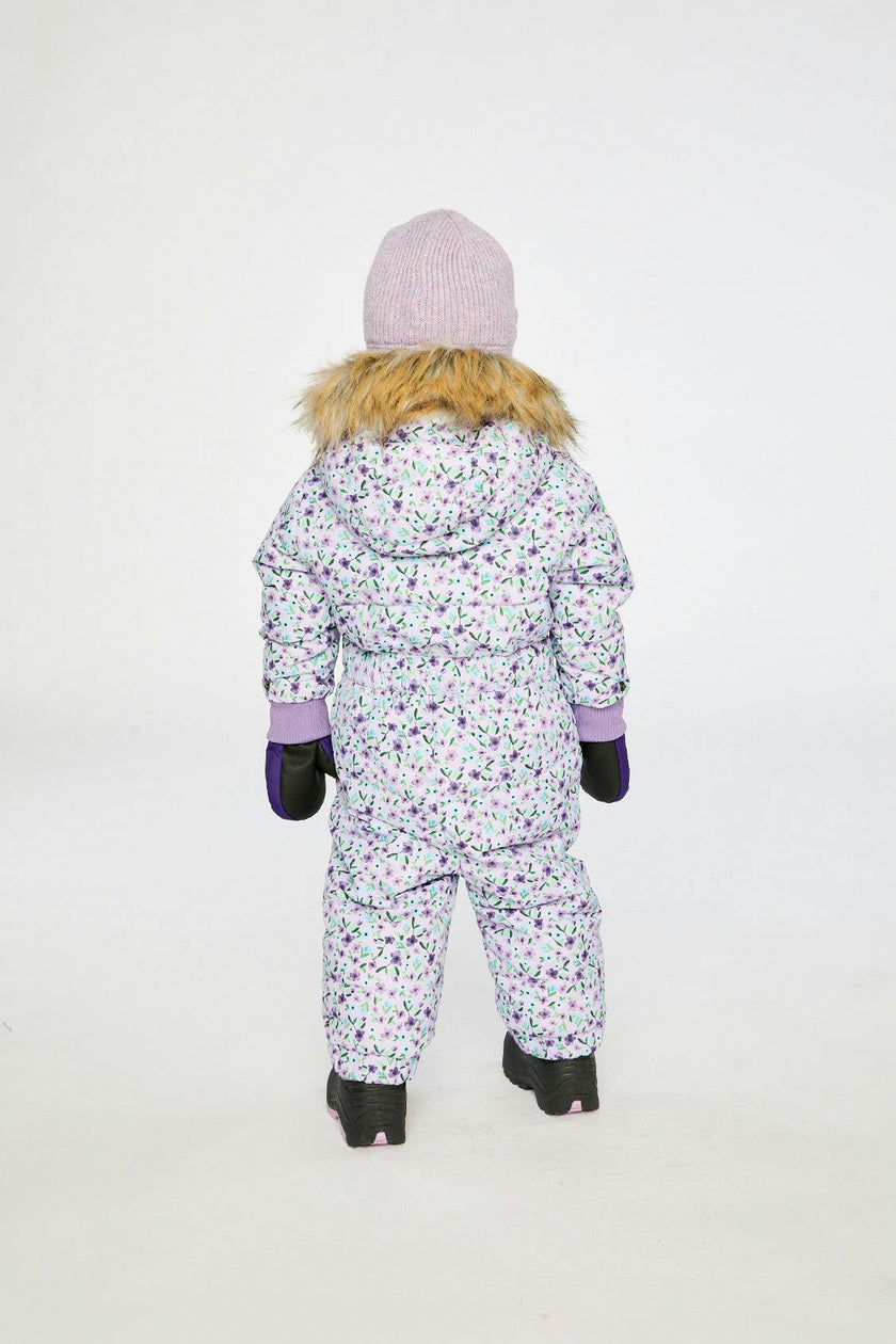 Baby Original One Piece Puffy Snowsuit With Removable Mittens And Boots Purple Printed Mini Flowers