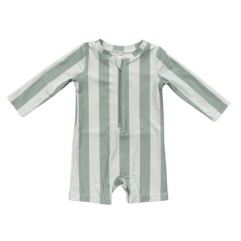 Baby Boy One-Piece Rash Guard Swimsuit in Aqua Grey Stripe