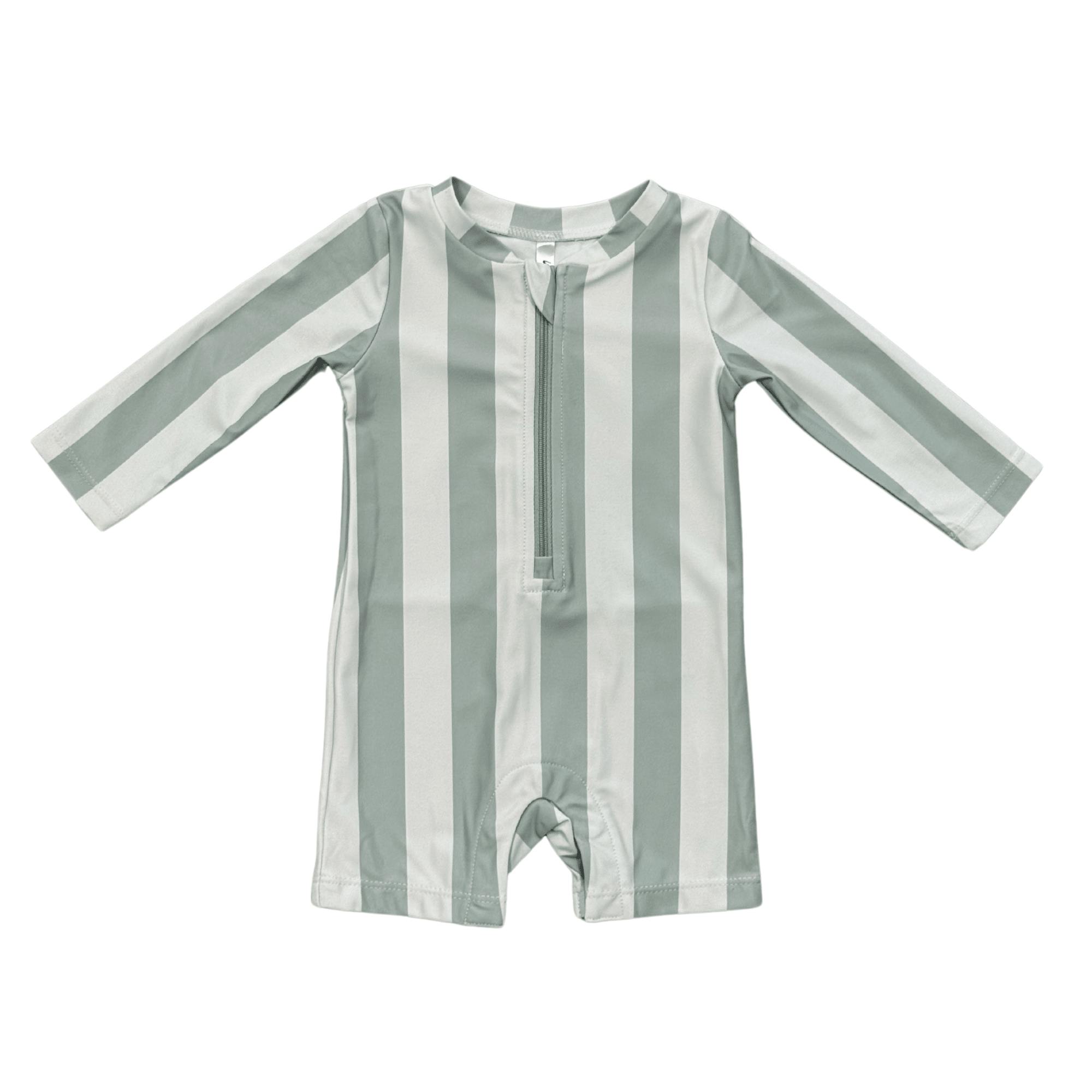 Baby Boy One-Piece Rash Guard Swimsuit in Aqua Grey Stripe