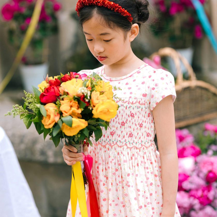 Poppy Pink Short Puff Sleeves Smocked Dress