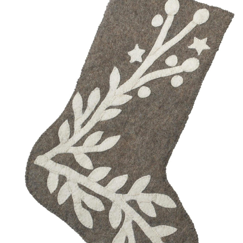 Hand Felted Wool Christmas Stocking, Stars and Branch Gray Arcadia Home