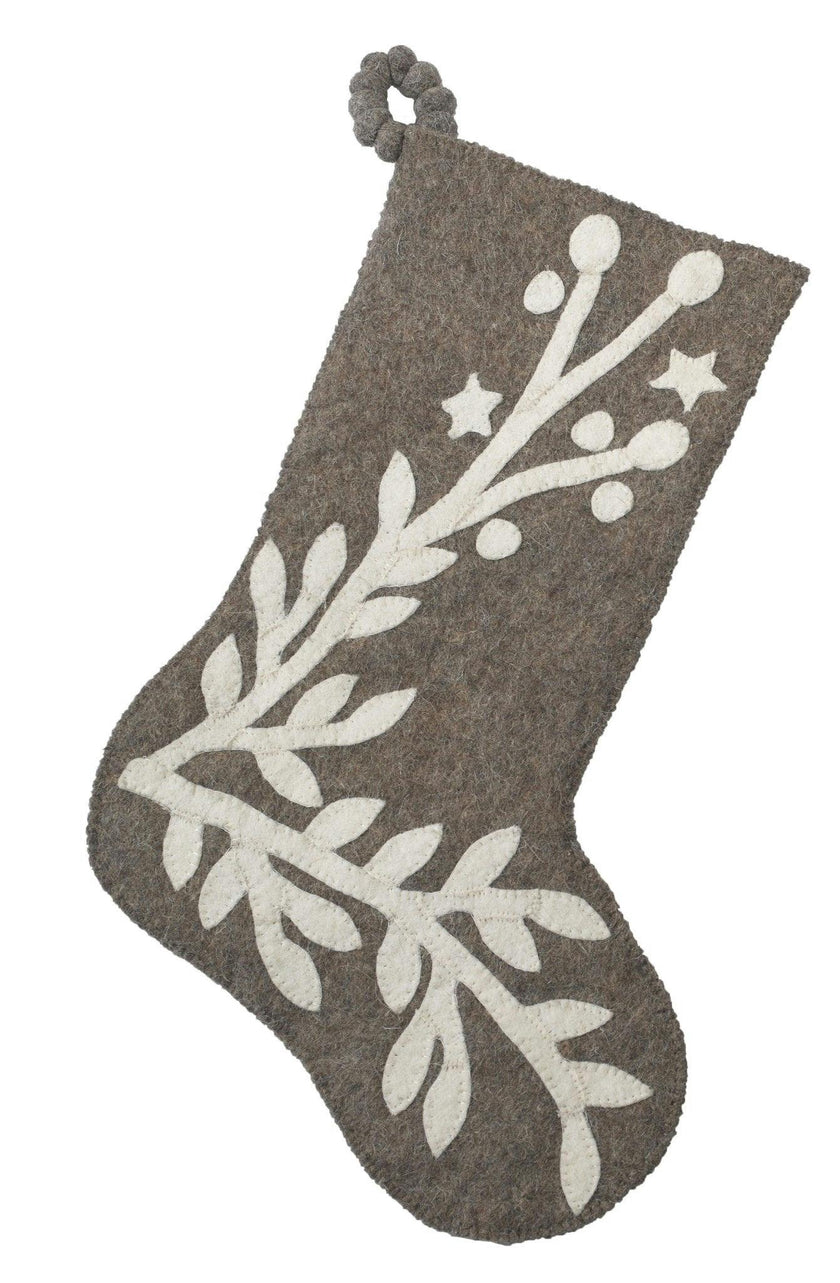 Hand Felted Wool Christmas Stocking, Stars and Branch Gray