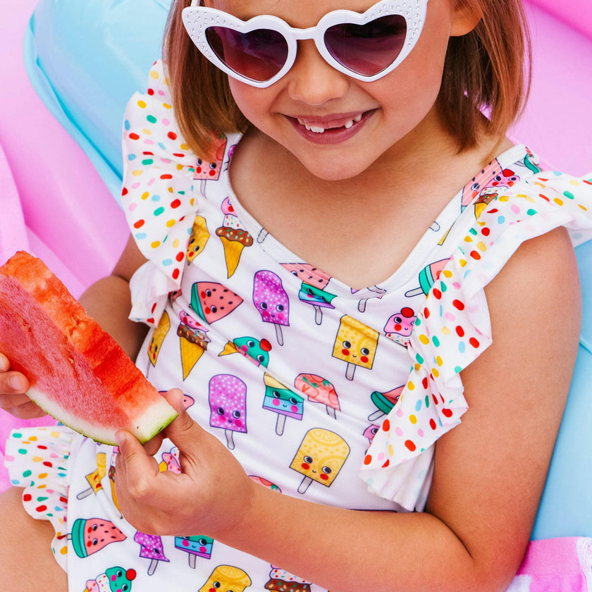 Rainbow Ice Cream Ruffle Sleeve One-Piece Swimsuit