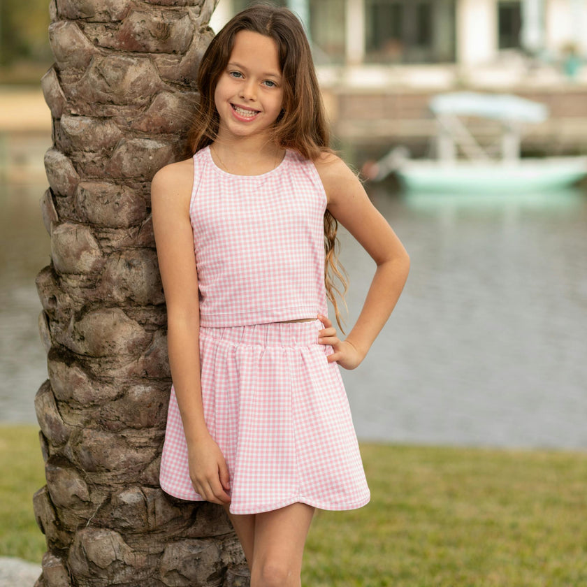 Girl's Scalloped Skort Set in Pink Sand Gingham