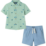 Kids Light Green Print Knit Buttondown & Blue Hybrid Short Set