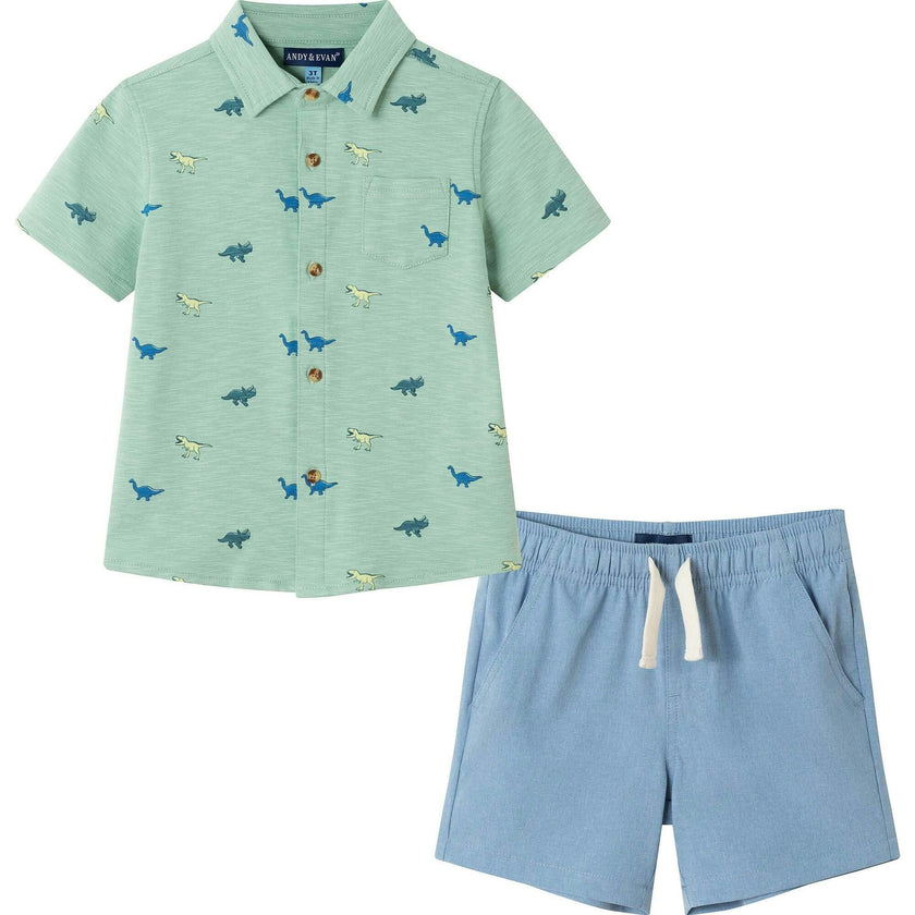 Kids Light Green Print Knit Buttondown & Blue Hybrid Short Set